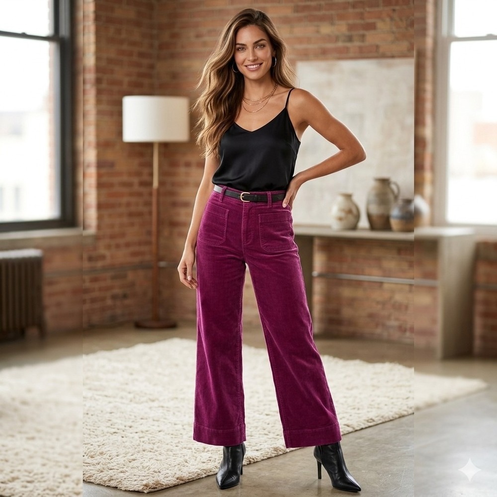 Maeve Anthropologie The Colette Corduroy Crop Wide-Leg Pants magenta purple 30